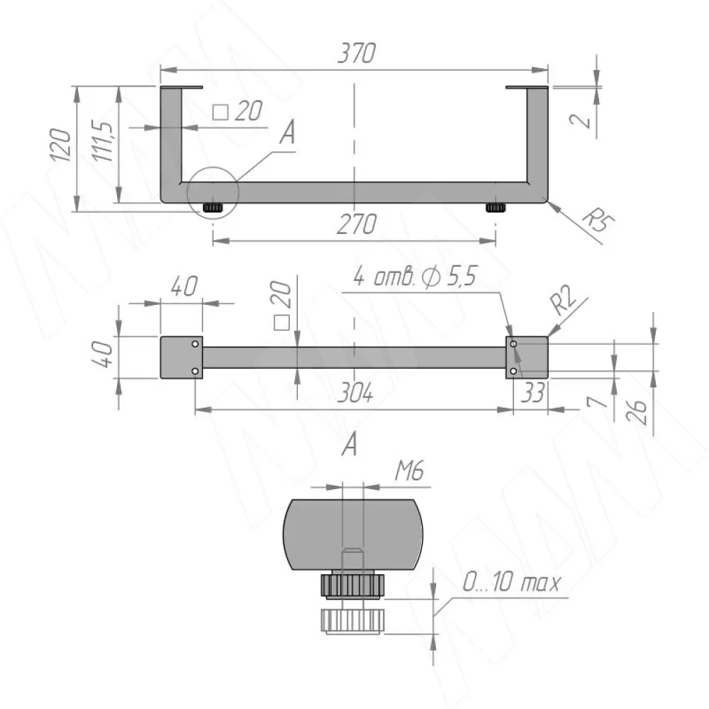 Ножка для мебели H.120+10 мм, 370*20*120 мм, материал сталь, цвет чёрный матовый, арт. ADJ24.120.BLC стоимость 1&nbsp;300 руб.
