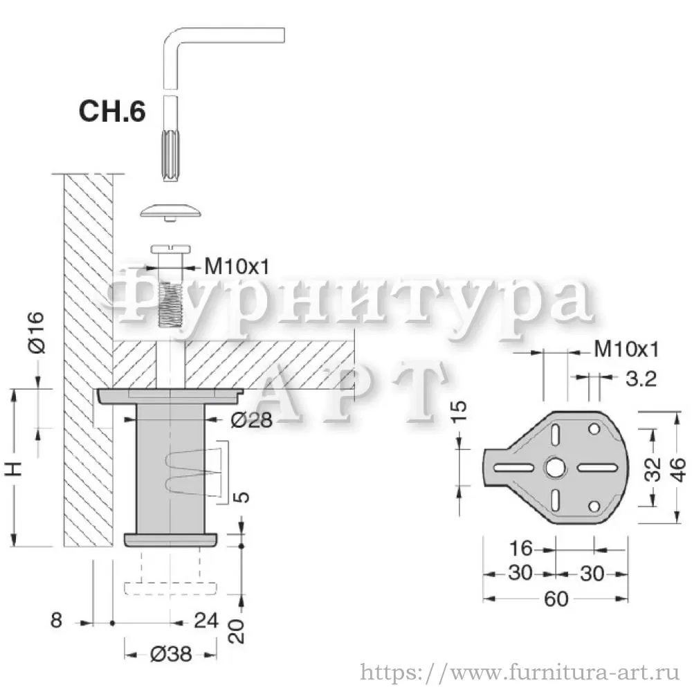 Ножка для мебели опорная H.50+20 мм, накладная, 60*46*50 мм, материал цамак, цвет цинк, арт. 308.05.Z2.90.02 стоимость 220 руб.